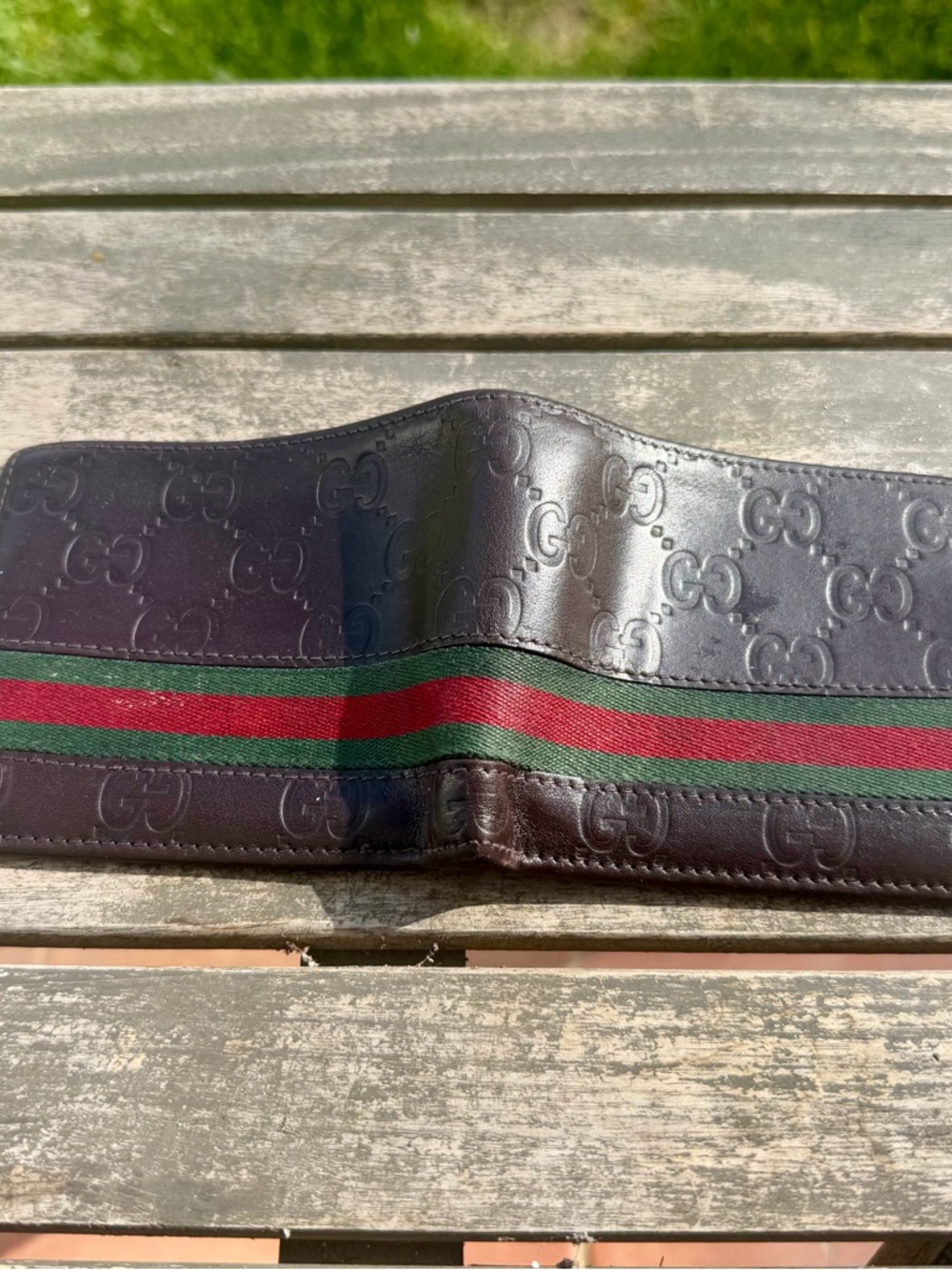 Authentic Gucci dark brown Leather Wallet with Green and Red Web Stripe